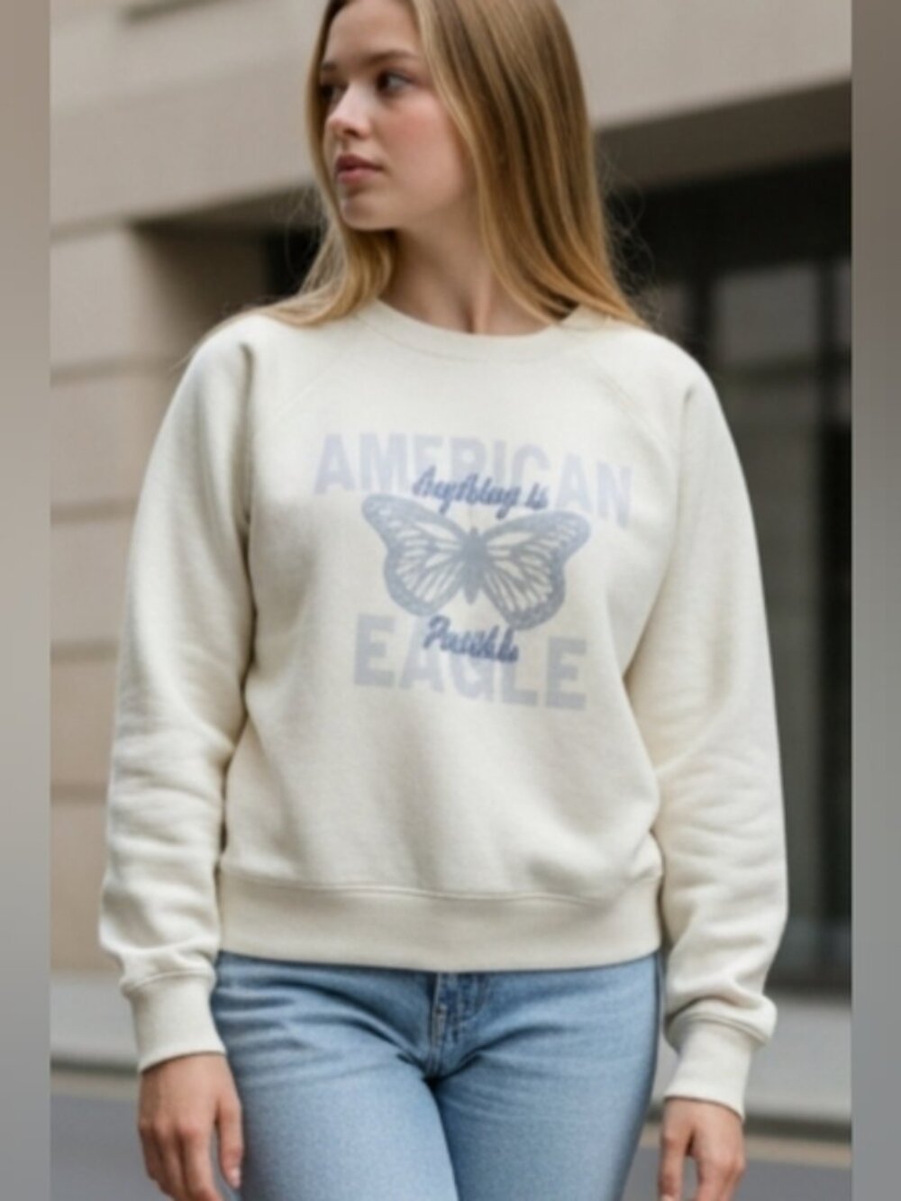 AE SZ M American Eagle Casual Funday Graphic Raglan Sleeve Crew Neck Sweatshirt